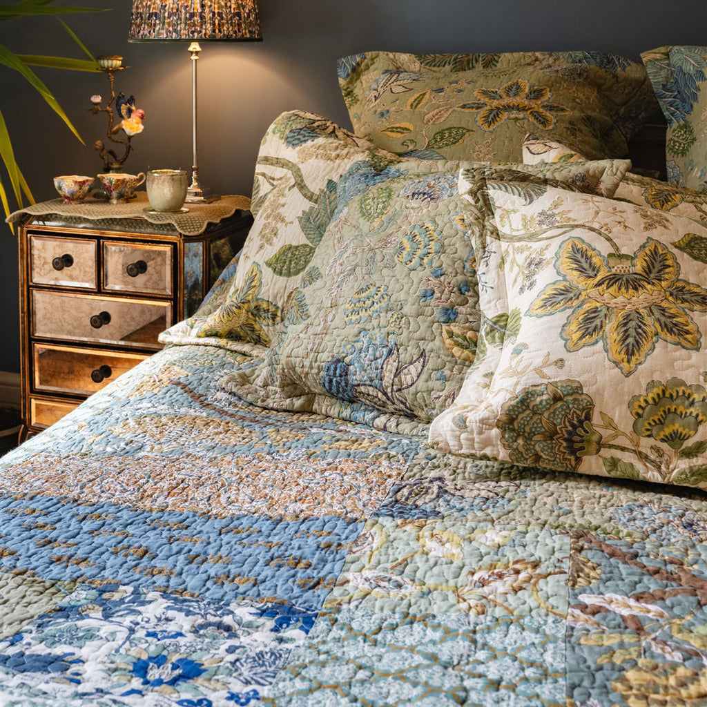 thumbnail image 2 of Collections Etc Andrea Blue Yellow And White Floral Patchwork Ruffle Skirt Lightweight Bedspread King Review 2 of 11
